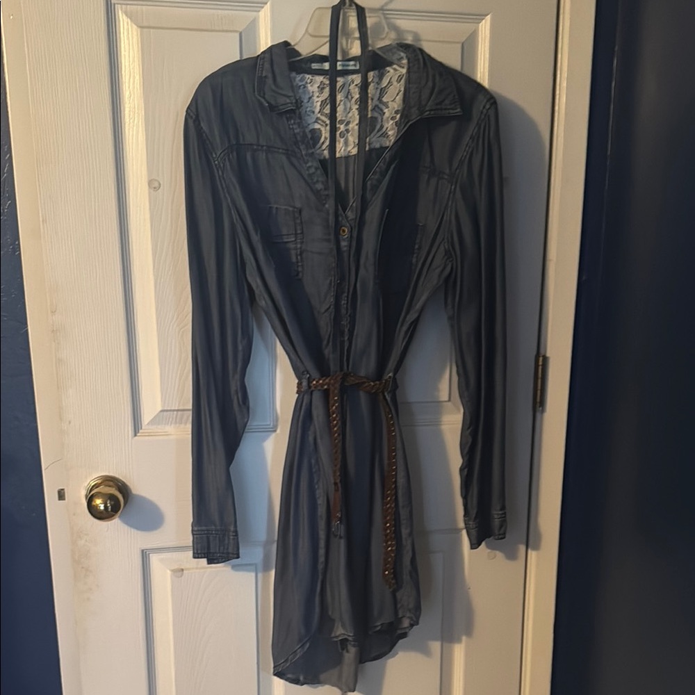 Maurices Blue Shirt Dress with Brown Belt